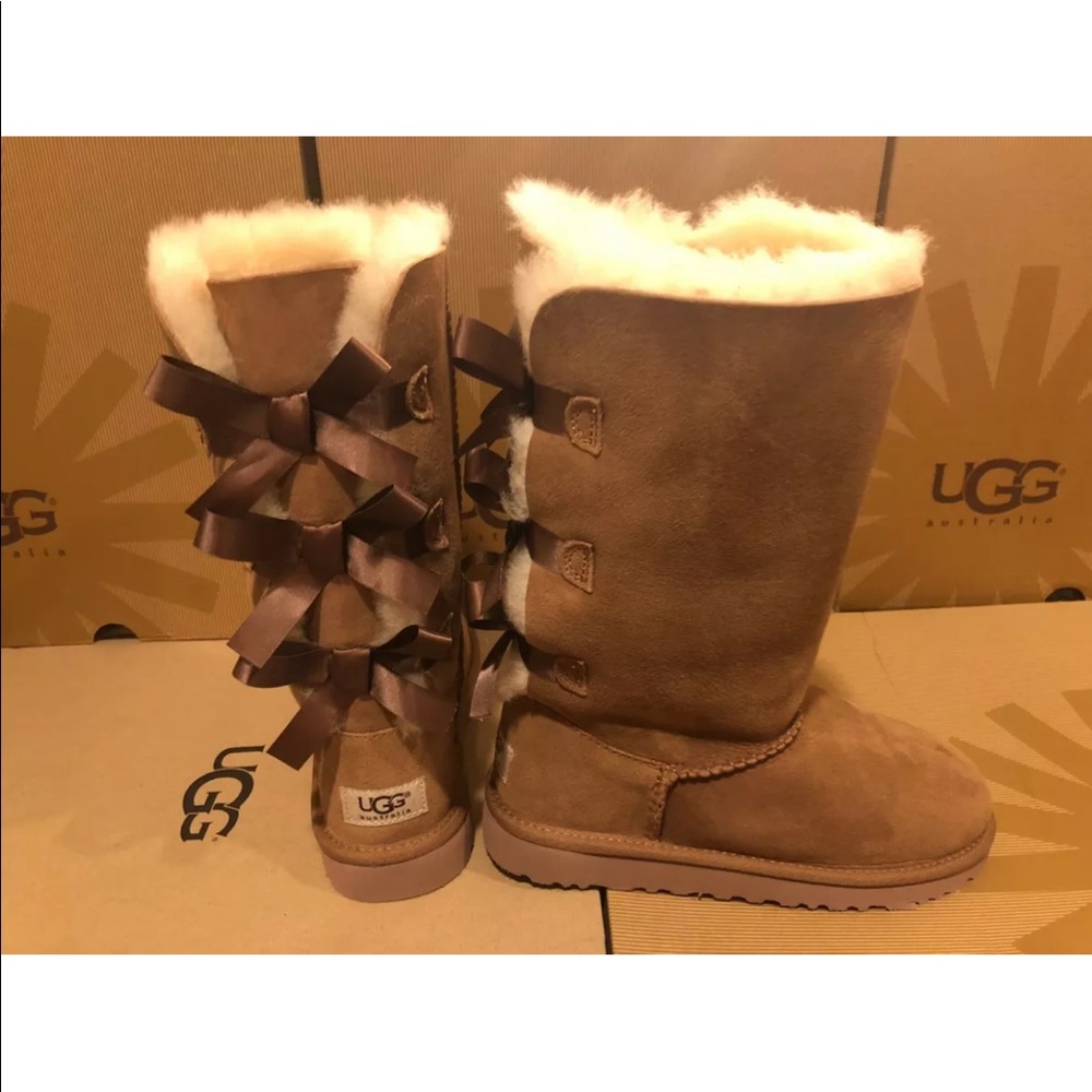 New UGG Bailey Bow Tall Chestnut Sheepskin Boots